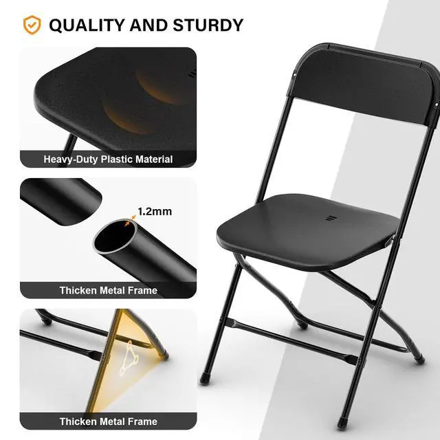 Alt view image 4 of 7 - Black Plastic Folding Chairs, Set of 2, Heavy-Duty Commercial Seats with Steel Frame, 350 lb Capacity, for Indoor & Outdoor Events, Office, Wedding, Party & Dining (2, Black, S)