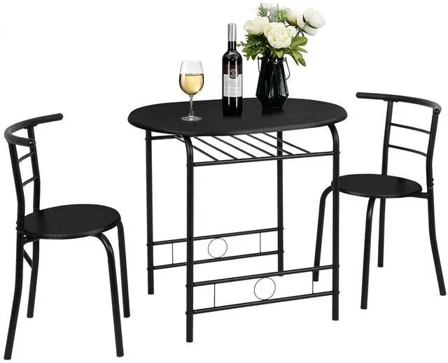 Main image of 3 Piece Dining Set,Small Kitchen Table Set for 2,Breakfast Table Set,Kitchen Wooden Table and 2 Chairs for Small Space/Dining Room/Apartment,Metal Frame,Wine Rack,Black