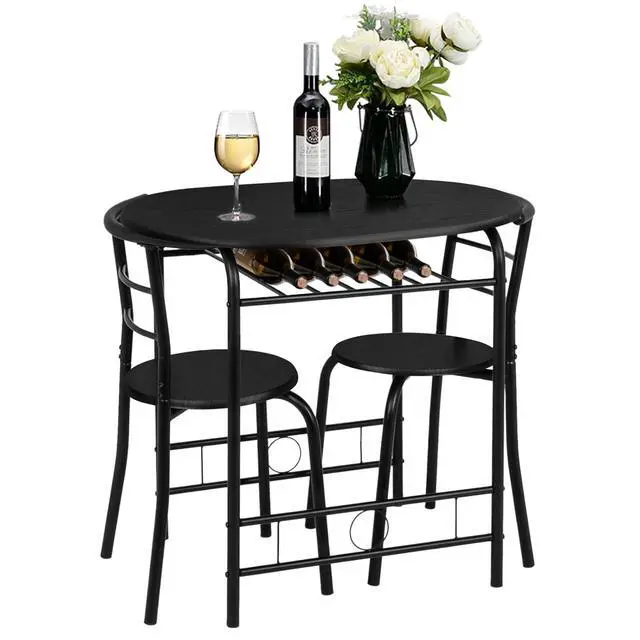 Alt view image 2 of 6 - 3 Piece Dining Set,Small Kitchen Table Set for 2,Breakfast Table Set,Kitchen Wooden Table and 2 Chairs for Small Space/Dining Room/Apartment,Metal Frame,Wine Rack,Black