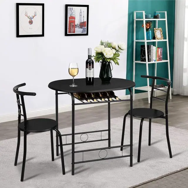 Alt view image 3 of 6 - 3 Piece Dining Set,Small Kitchen Table Set for 2,Breakfast Table Set,Kitchen Wooden Table and 2 Chairs for Small Space/Dining Room/Apartment,Metal Frame,Wine Rack,Black