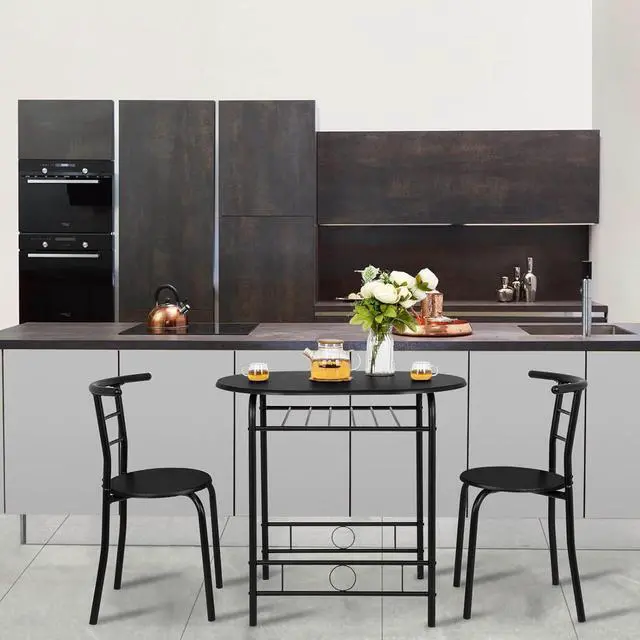 Alt view image 4 of 6 - 3 Piece Dining Set,Small Kitchen Table Set for 2,Breakfast Table Set,Kitchen Wooden Table and 2 Chairs for Small Space/Dining Room/Apartment,Metal Frame,Wine Rack,Black