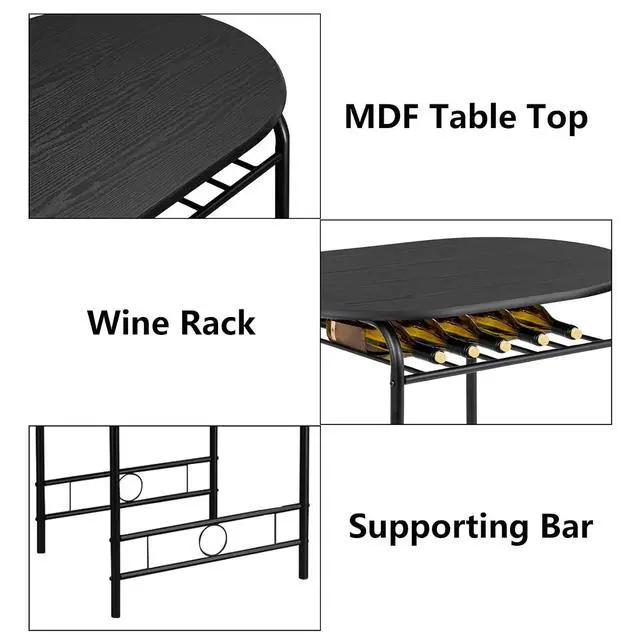 Alt view image 5 of 6 - 3 Piece Dining Set,Small Kitchen Table Set for 2,Breakfast Table Set,Kitchen Wooden Table and 2 Chairs for Small Space/Dining Room/Apartment,Metal Frame,Wine Rack,Black