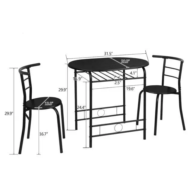 Alt view image 6 of 6 - 3 Piece Dining Set,Small Kitchen Table Set for 2,Breakfast Table Set,Kitchen Wooden Table and 2 Chairs for Small Space/Dining Room/Apartment,Metal Frame,Wine Rack,Black