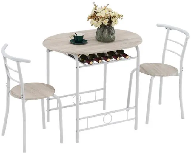 Main image of 3 Piece Dining Set,Small Kitchen Table Set for 2,Breakfast Table Set,Kitchen Wooden Table and 2 Chairs for Small Space/Dining Room/Apartment,Metal Frame,Wine Rack,White&Light Oak