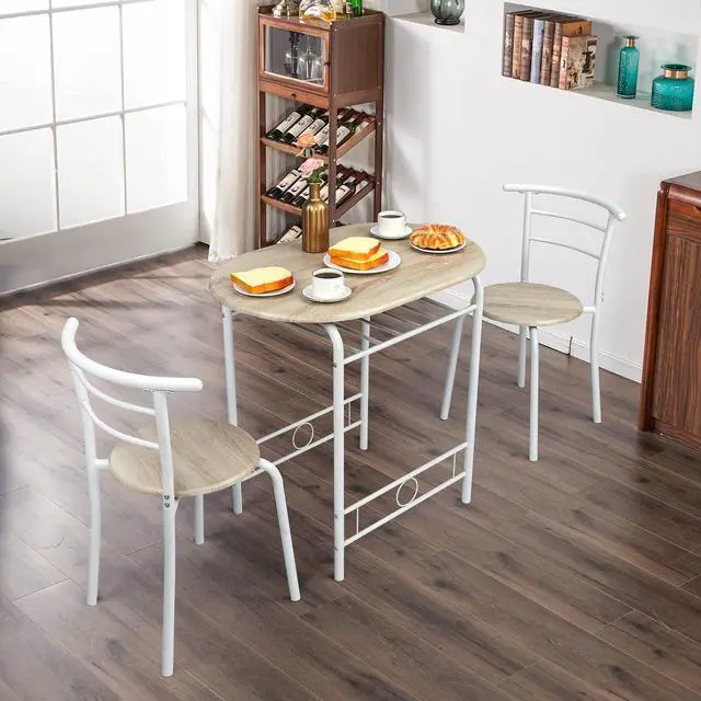 Alt view image 7 of 7 - 3 Piece Dining Set,Small Kitchen Table Set for 2,Breakfast Table Set,Kitchen Wooden Table and 2 Chairs for Small Space/Dining Room/Apartment,Metal Frame,Wine Rack,White&Light Oak
