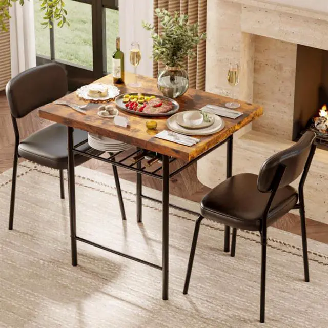 Main image of Dining Table Set for 2, Small Kitchen Table Set with Upholstered Chairs, 3-Piece Dining Set with Storage Rack, Wood Dining Room Set with Metal Legs for Small Spaces, Living Room, Rustic Brown