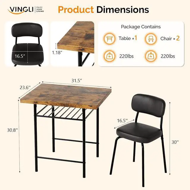 Alt view image 2 of 7 - Dining Table Set for 2, Small Kitchen Table Set with Upholstered Chairs, 3-Piece Dining Set with Storage Rack, Wood Dining Room Set with Metal Legs for Small Spaces, Living Room, Rustic Brown