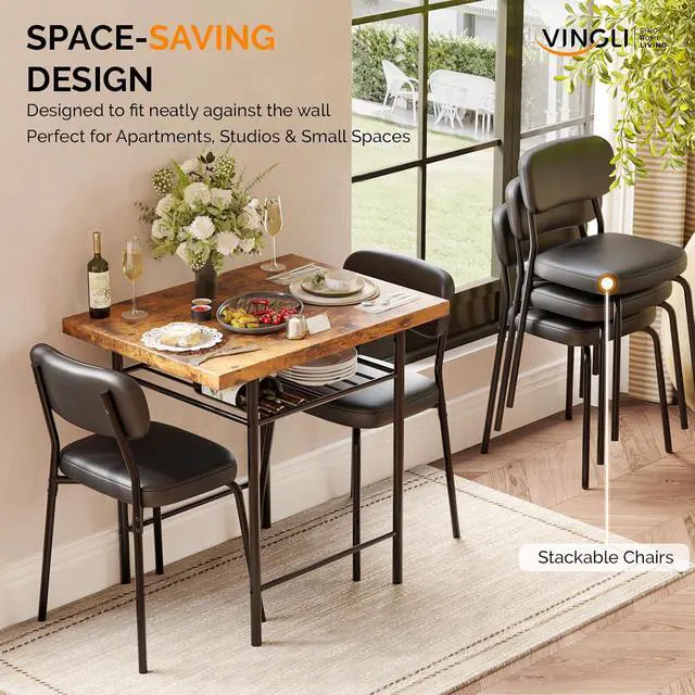 Alt view image 3 of 7 - Dining Table Set for 2, Small Kitchen Table Set with Upholstered Chairs, 3-Piece Dining Set with Storage Rack, Wood Dining Room Set with Metal Legs for Small Spaces, Living Room, Rustic Brown