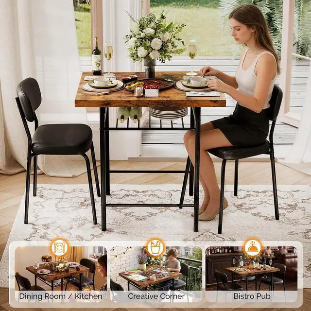 Alt view image 4 of 7 - Dining Table Set for 2, Small Kitchen Table Set with Upholstered Chairs, 3-Piece Dining Set with Storage Rack, Wood Dining Room Set with Metal Legs for Small Spaces, Living Room, Rustic Brown