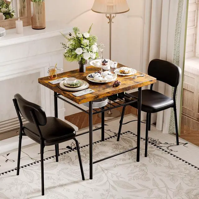 Alt view image 7 of 7 - Dining Table Set for 2, Small Kitchen Table Set with Upholstered Chairs, 3-Piece Dining Set with Storage Rack, Wood Dining Room Set with Metal Legs for Small Spaces, Living Room, Rustic Brown