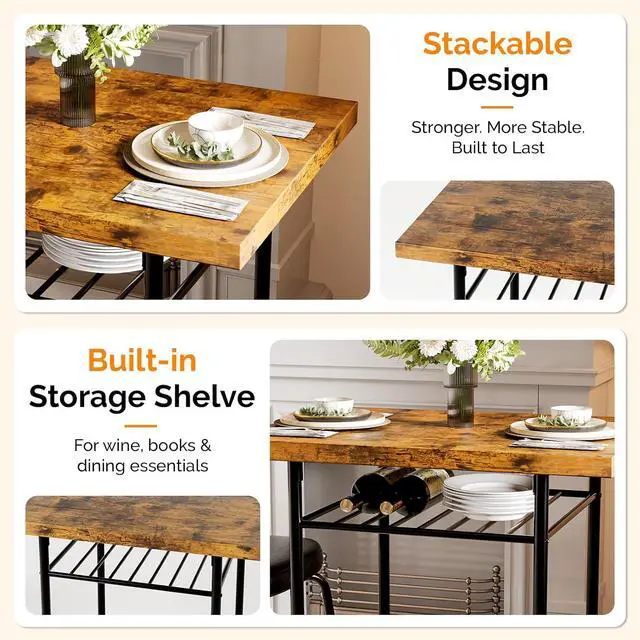 Alt view image 5 of 7 - Dining Table Set for 2, Small Kitchen Table Set with Upholstered Chairs, 3-Piece Dining Set with Storage Rack, Wood Dining Room Set with Metal Legs for Small Spaces, Living Room, Rustic Brown