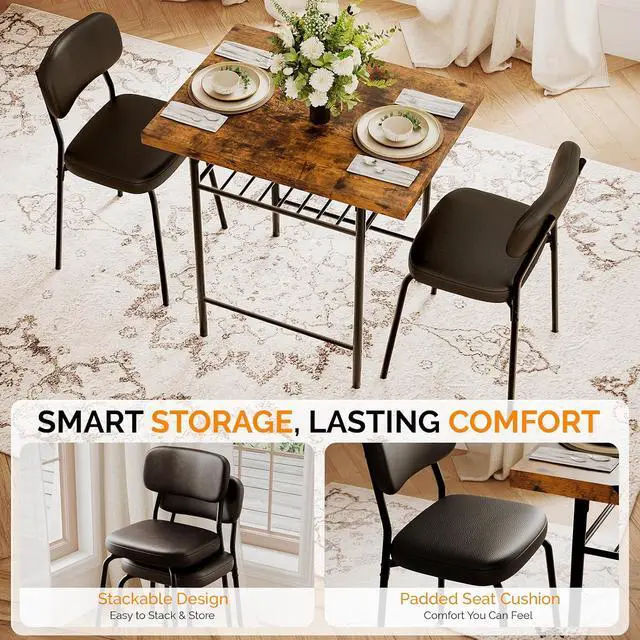 Alt view image 6 of 7 - Dining Table Set for 2, Small Kitchen Table Set with Upholstered Chairs, 3-Piece Dining Set with Storage Rack, Wood Dining Room Set with Metal Legs for Small Spaces, Living Room, Rustic Brown