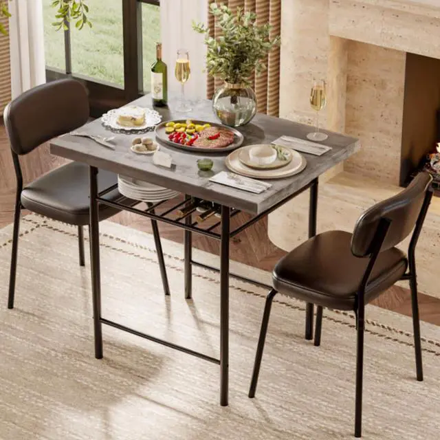 Main image of Dining Table Set for 2, Small Kitchen Table Set with Upholstered Chairs, 3-Piece Dining Set with Storage Rack, Wood Dining Room Set with Metal Legs for Small Spaces, Living Room, Grey