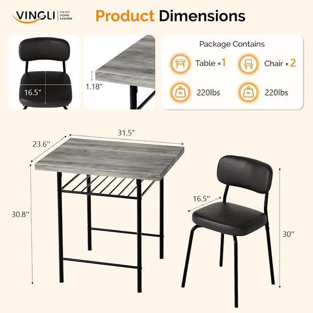 Alt view image 2 of 7 - Dining Table Set for 2, Small Kitchen Table Set with Upholstered Chairs, 3-Piece Dining Set with Storage Rack, Wood Dining Room Set with Metal Legs for Small Spaces, Living Room, Grey