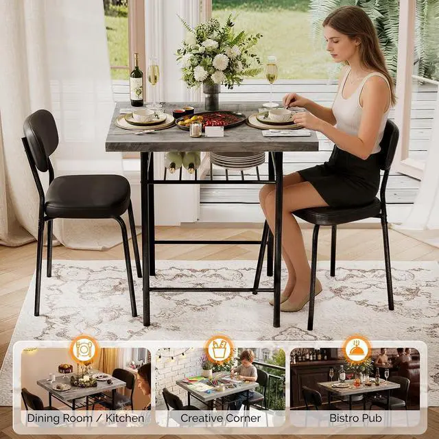 Alt view image 4 of 7 - Dining Table Set for 2, Small Kitchen Table Set with Upholstered Chairs, 3-Piece Dining Set with Storage Rack, Wood Dining Room Set with Metal Legs for Small Spaces, Living Room, Grey