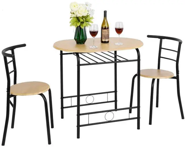 Main image of 3 Piece Dining Set,Small Kitchen Table Set for 2,Breakfast Table Set for 2,Kitchen Wooden Table and 2 Chairs for Small Space/Dining Room/Apartment,Metal Frame,Wine Rack,Black&Natural