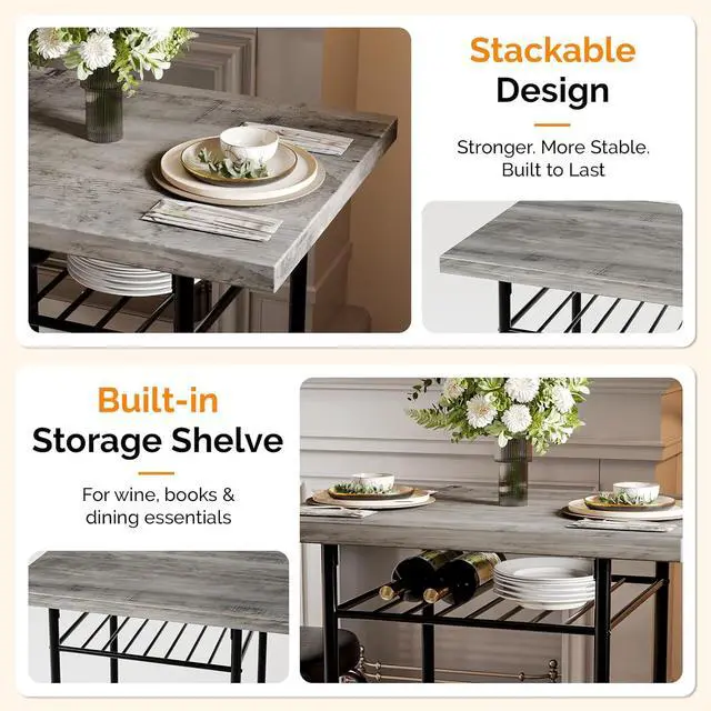 Alt view image 6 of 7 - Dining Table Set for 2, Small Kitchen Table Set with Upholstered Chairs, 3-Piece Dining Set with Storage Rack, Wood Dining Room Set with Metal Legs for Small Spaces, Living Room, Grey