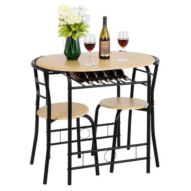 Alt view image 2 of 6 - 3 Piece Dining Set,Small Kitchen Table Set for 2,Breakfast Table Set for 2,Kitchen Wooden Table and 2 Chairs for Small Space/Dining Room/Apartment,Metal Frame,Wine Rack,Black&Natural