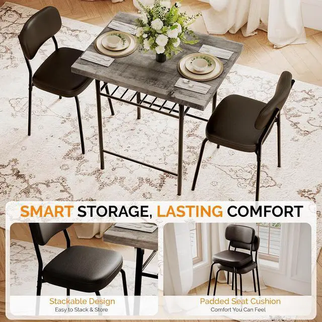 Alt view image 5 of 7 - Dining Table Set for 2, Small Kitchen Table Set with Upholstered Chairs, 3-Piece Dining Set with Storage Rack, Wood Dining Room Set with Metal Legs for Small Spaces, Living Room, Grey