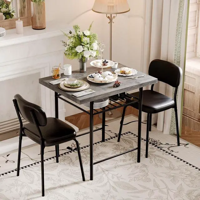 Alt view image 7 of 7 - Dining Table Set for 2, Small Kitchen Table Set with Upholstered Chairs, 3-Piece Dining Set with Storage Rack, Wood Dining Room Set with Metal Legs for Small Spaces, Living Room, Grey