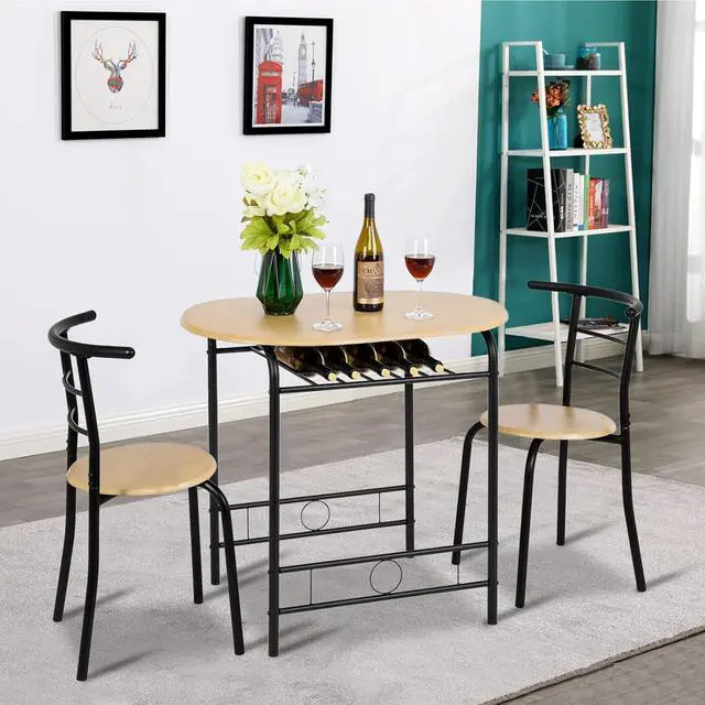 Alt view image 3 of 6 - 3 Piece Dining Set,Small Kitchen Table Set for 2,Breakfast Table Set for 2,Kitchen Wooden Table and 2 Chairs for Small Space/Dining Room/Apartment,Metal Frame,Wine Rack,Black&Natural