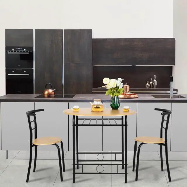 Alt view image 4 of 6 - 3 Piece Dining Set,Small Kitchen Table Set for 2,Breakfast Table Set for 2,Kitchen Wooden Table and 2 Chairs for Small Space/Dining Room/Apartment,Metal Frame,Wine Rack,Black&Natural