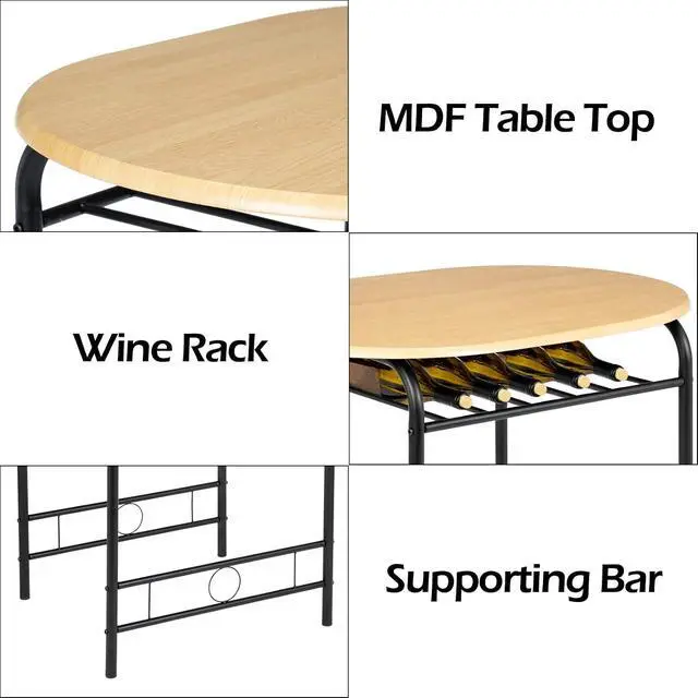 Alt view image 5 of 6 - 3 Piece Dining Set,Small Kitchen Table Set for 2,Breakfast Table Set for 2,Kitchen Wooden Table and 2 Chairs for Small Space/Dining Room/Apartment,Metal Frame,Wine Rack,Black&Natural