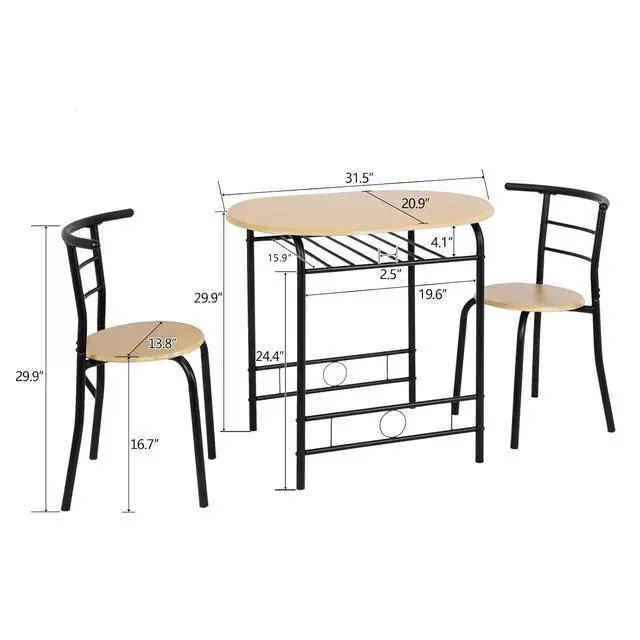 Alt view image 6 of 6 - 3 Piece Dining Set,Small Kitchen Table Set for 2,Breakfast Table Set for 2,Kitchen Wooden Table and 2 Chairs for Small Space/Dining Room/Apartment,Metal Frame,Wine Rack,Black&Natural