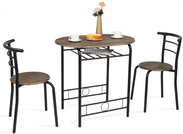 Main image of 3 Piece Dining Set,Small Kitchen Table Set for 2,Breakfast Table Set for 2,Kitchen Wooden Table and 2 Chairs for Small Space/Dining Room/Apartment,Metal Frame,Wine Rack,Rustic