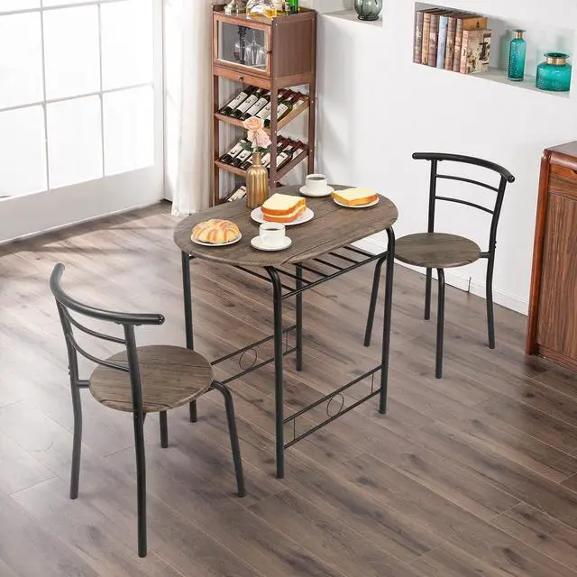 Alt view image 2 of 7 - 3 Piece Dining Set,Small Kitchen Table Set for 2,Breakfast Table Set for 2,Kitchen Wooden Table and 2 Chairs for Small Space/Dining Room/Apartment,Metal Frame,Wine Rack,Rustic