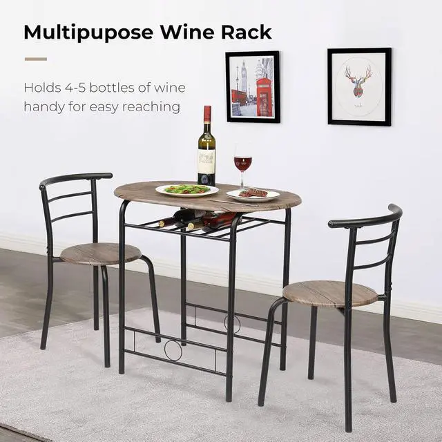 Alt view image 3 of 7 - 3 Piece Dining Set,Small Kitchen Table Set for 2,Breakfast Table Set for 2,Kitchen Wooden Table and 2 Chairs for Small Space/Dining Room/Apartment,Metal Frame,Wine Rack,Rustic