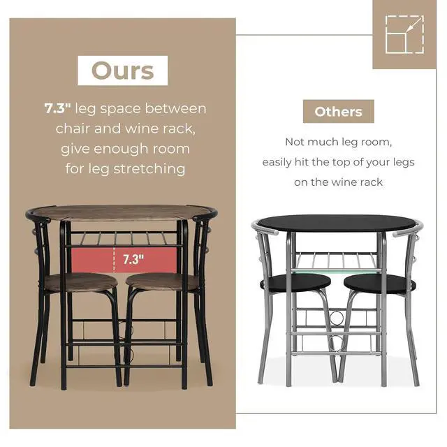 Alt view image 4 of 7 - 3 Piece Dining Set,Small Kitchen Table Set for 2,Breakfast Table Set for 2,Kitchen Wooden Table and 2 Chairs for Small Space/Dining Room/Apartment,Metal Frame,Wine Rack,Rustic