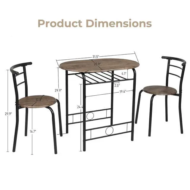 Alt view image 6 of 7 - 3 Piece Dining Set,Small Kitchen Table Set for 2,Breakfast Table Set for 2,Kitchen Wooden Table and 2 Chairs for Small Space/Dining Room/Apartment,Metal Frame,Wine Rack,Rustic