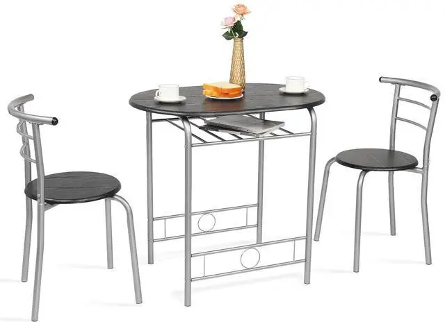Main image of 3 Piece Dining Set,Small Kitchen Table Set for 2,Breakfast Table Set,Kitchen Wooden Table and 2 Chairs for Small Space/Dining Room/Apartment,Metal Frame,Wine Rack,Sliver&Black