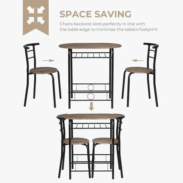 Alt view image 5 of 7 - 3 Piece Dining Set,Small Kitchen Table Set for 2,Breakfast Table Set for 2,Kitchen Wooden Table and 2 Chairs for Small Space/Dining Room/Apartment,Metal Frame,Wine Rack,Rustic