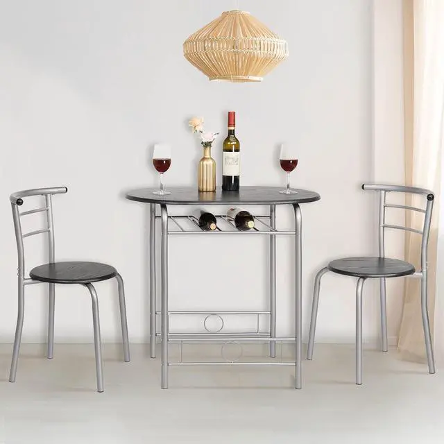 Alt view image 2 of 7 - 3 Piece Dining Set,Small Kitchen Table Set for 2,Breakfast Table Set,Kitchen Wooden Table and 2 Chairs for Small Space/Dining Room/Apartment,Metal Frame,Wine Rack,Sliver&Black