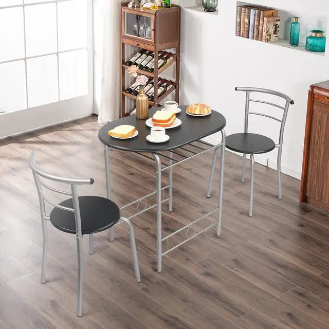 Alt view image 3 of 7 - 3 Piece Dining Set,Small Kitchen Table Set for 2,Breakfast Table Set,Kitchen Wooden Table and 2 Chairs for Small Space/Dining Room/Apartment,Metal Frame,Wine Rack,Sliver&Black