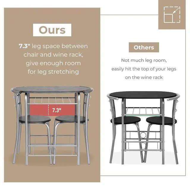Alt view image 4 of 7 - 3 Piece Dining Set,Small Kitchen Table Set for 2,Breakfast Table Set,Kitchen Wooden Table and 2 Chairs for Small Space/Dining Room/Apartment,Metal Frame,Wine Rack,Sliver&Black