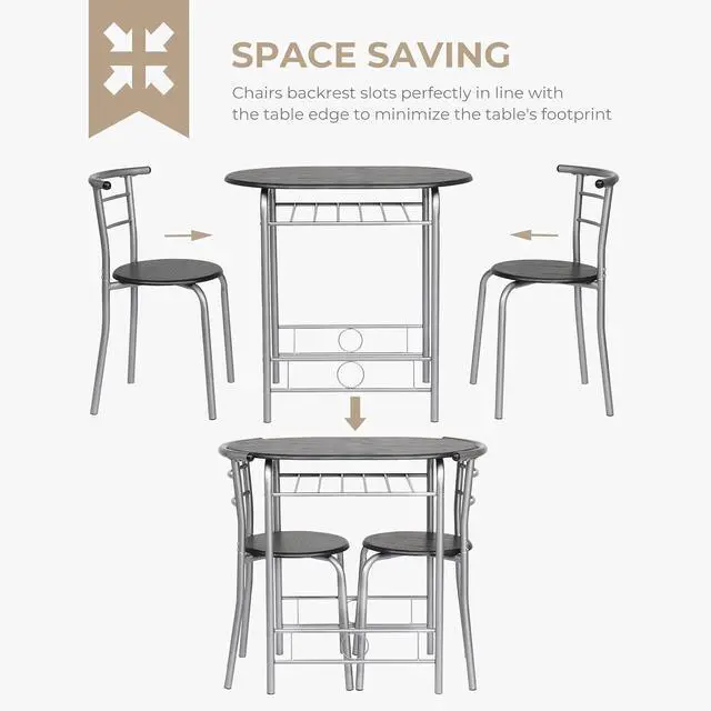 Alt view image 5 of 7 - 3 Piece Dining Set,Small Kitchen Table Set for 2,Breakfast Table Set,Kitchen Wooden Table and 2 Chairs for Small Space/Dining Room/Apartment,Metal Frame,Wine Rack,Sliver&Black