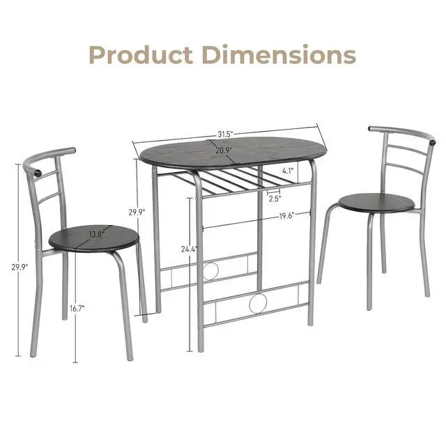 Alt view image 6 of 7 - 3 Piece Dining Set,Small Kitchen Table Set for 2,Breakfast Table Set,Kitchen Wooden Table and 2 Chairs for Small Space/Dining Room/Apartment,Metal Frame,Wine Rack,Sliver&Black