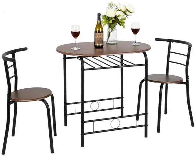 Main image of 3 Piece Dining Set,Small Kitchen Table Set for 2,Breakfast Table Set for 2,Kitchen Wooden Table and 2 Chairs for Small Space/Dining Room/Apartment,Metal Frame,Wine Rack,Black&Walnut