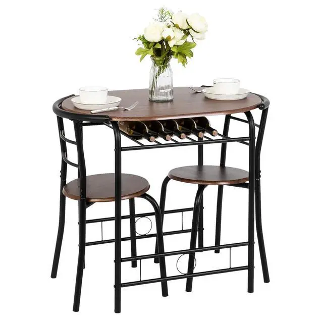 Alt view image 2 of 6 - 3 Piece Dining Set,Small Kitchen Table Set for 2,Breakfast Table Set for 2,Kitchen Wooden Table and 2 Chairs for Small Space/Dining Room/Apartment,Metal Frame,Wine Rack,Black&Walnut