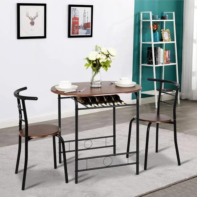 Alt view image 3 of 6 - 3 Piece Dining Set,Small Kitchen Table Set for 2,Breakfast Table Set for 2,Kitchen Wooden Table and 2 Chairs for Small Space/Dining Room/Apartment,Metal Frame,Wine Rack,Black&Walnut