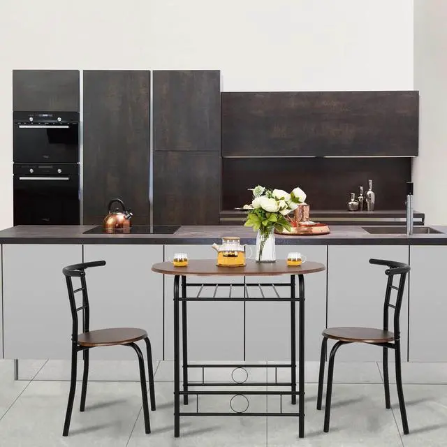 Alt view image 4 of 6 - 3 Piece Dining Set,Small Kitchen Table Set for 2,Breakfast Table Set for 2,Kitchen Wooden Table and 2 Chairs for Small Space/Dining Room/Apartment,Metal Frame,Wine Rack,Black&Walnut