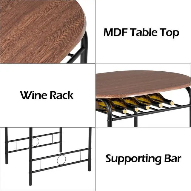 Alt view image 5 of 6 - 3 Piece Dining Set,Small Kitchen Table Set for 2,Breakfast Table Set for 2,Kitchen Wooden Table and 2 Chairs for Small Space/Dining Room/Apartment,Metal Frame,Wine Rack,Black&Walnut