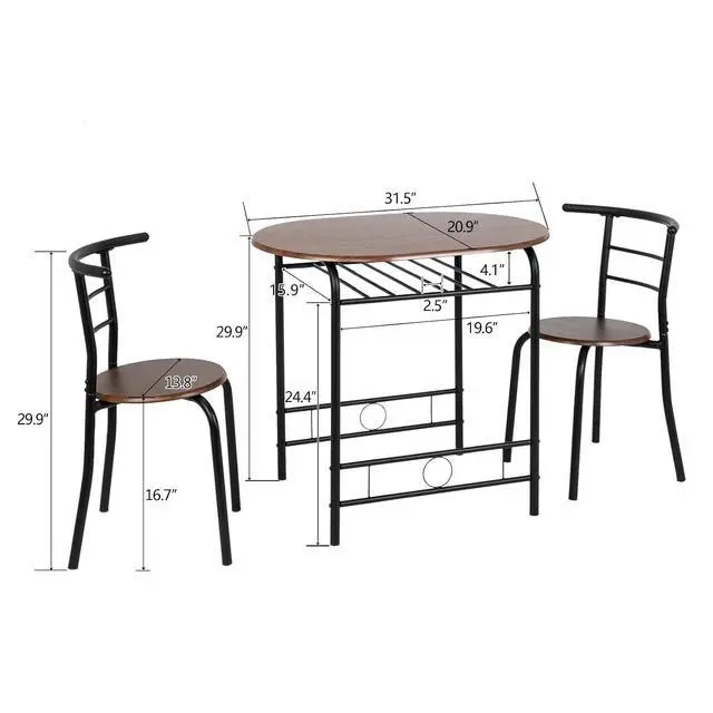 Alt view image 6 of 6 - 3 Piece Dining Set,Small Kitchen Table Set for 2,Breakfast Table Set for 2,Kitchen Wooden Table and 2 Chairs for Small Space/Dining Room/Apartment,Metal Frame,Wine Rack,Black&Walnut