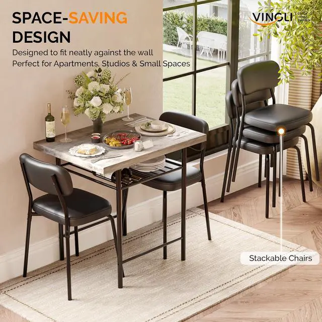 Alt view image 3 of 7 - Dining Table Set for 2, Small Kitchen Table Set with Upholstered Chairs, 3-Piece Dining Set with Storage Rack, Wood Dining Room Set with Metal Legs for Small Spaces, Living Room, Grey
