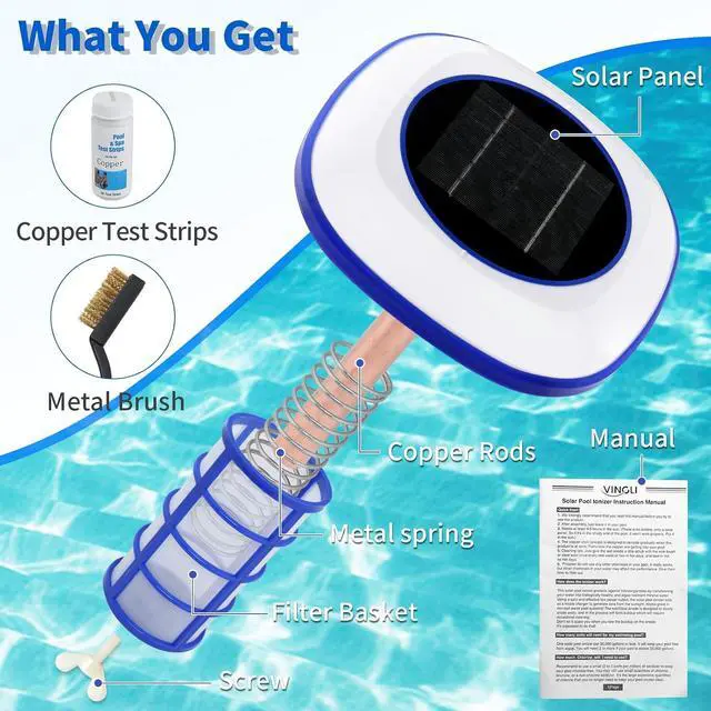 Alt view image 4 of 6 - Copper Solar Pool lonizer, Utilizes Solar Energy and Copper Technology to Maintain Pool Water Clarity with Less Reliance on Chlorine for Pools up to 35,000 Gal (White&Blue, 35,000 Gal)