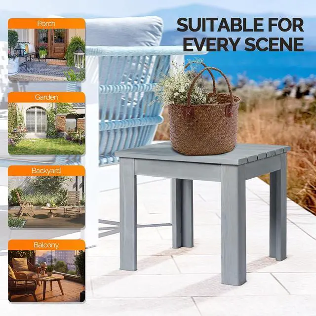 Alt view image 7 of 7 - Outdoor Wooden Side Table, Square Patio Side Table, Small Outdoor Table for Patio, Backyard, Garden, Poolside, Balcony, Adirondack Conversation End Table (Grey)