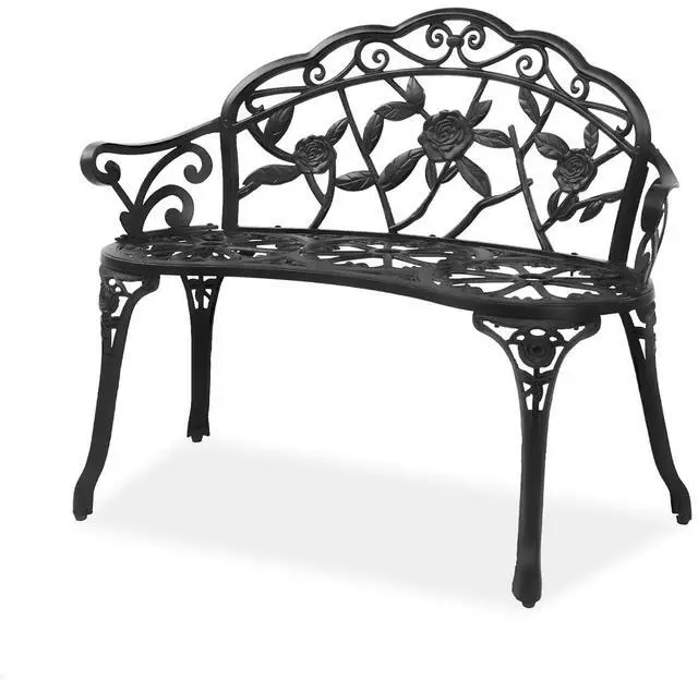 Main image of 38.5" Patio Park Garden Outdoor Metal Rose Bench, 2-Person Cast Iron Cast Aluminium Frame Antique Finish Chair,Accented Lawn Front Porch Path Yard Decor Deck Furniture (Black, Rose)